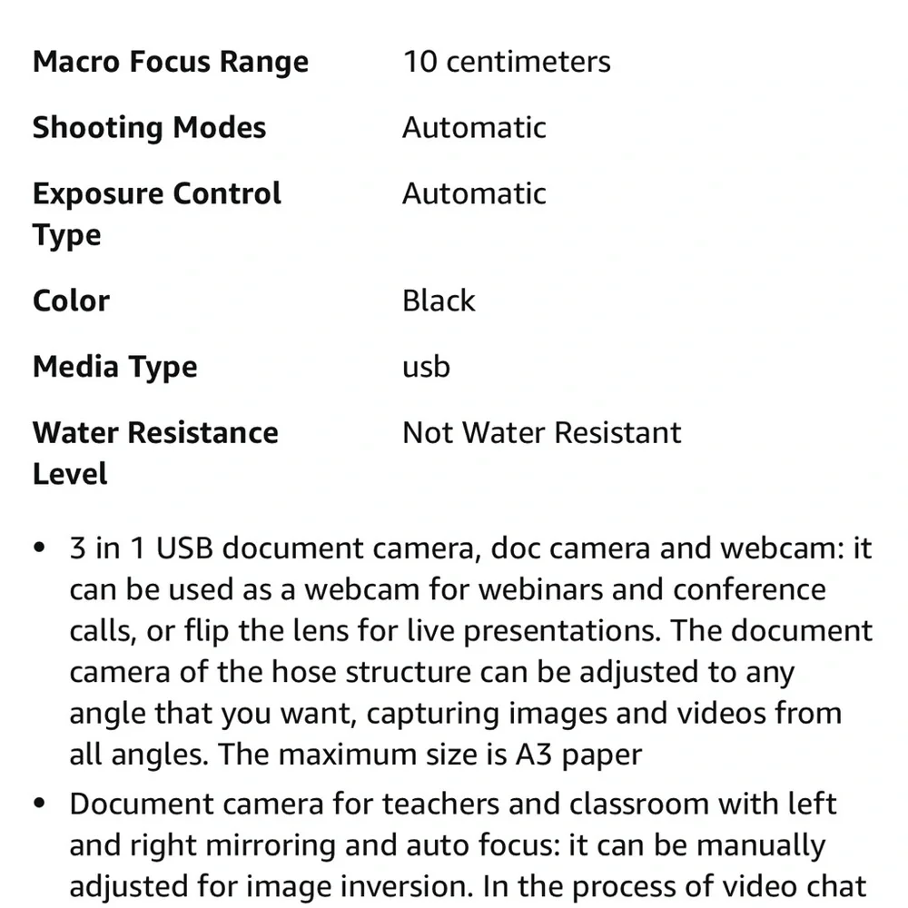 USB Document Camera for Teachers, Webcam/Doc Camera for Classroom with A3 Format